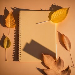 Minimalism autumn composition Dry leaf with notebook on paspel brown background with shadows Top view Atmospheric fall flat lay Abstract nature backdrop created by sunlight and shadows Copy , anime st