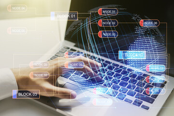Multi exposure of abstract programming language hologram with world map and hands typing on computer keyboard on background, artificial intelligence and neural networks concept