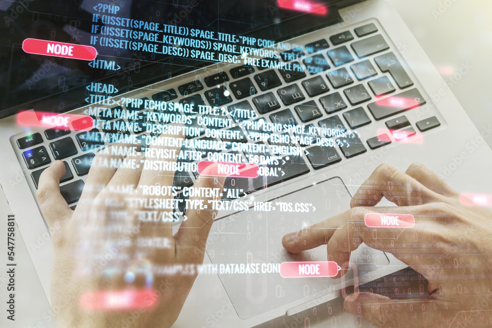 Poster double exposure of abstract creative programming illustration and hands typing on laptop on backgrou