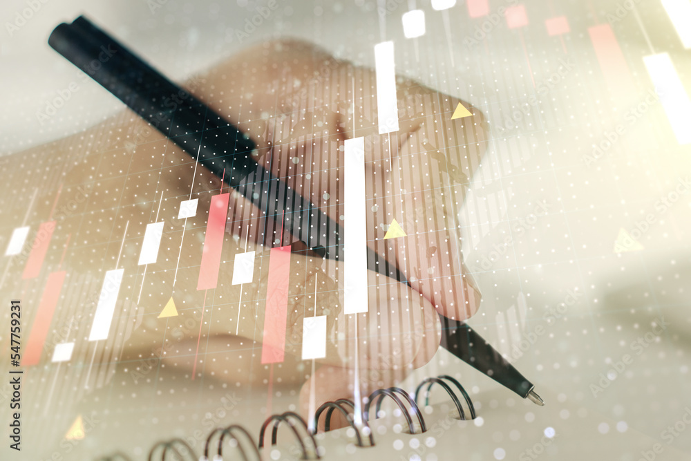 Poster multi exposure of abstract creative financial graph with world map and with man hand writing in note