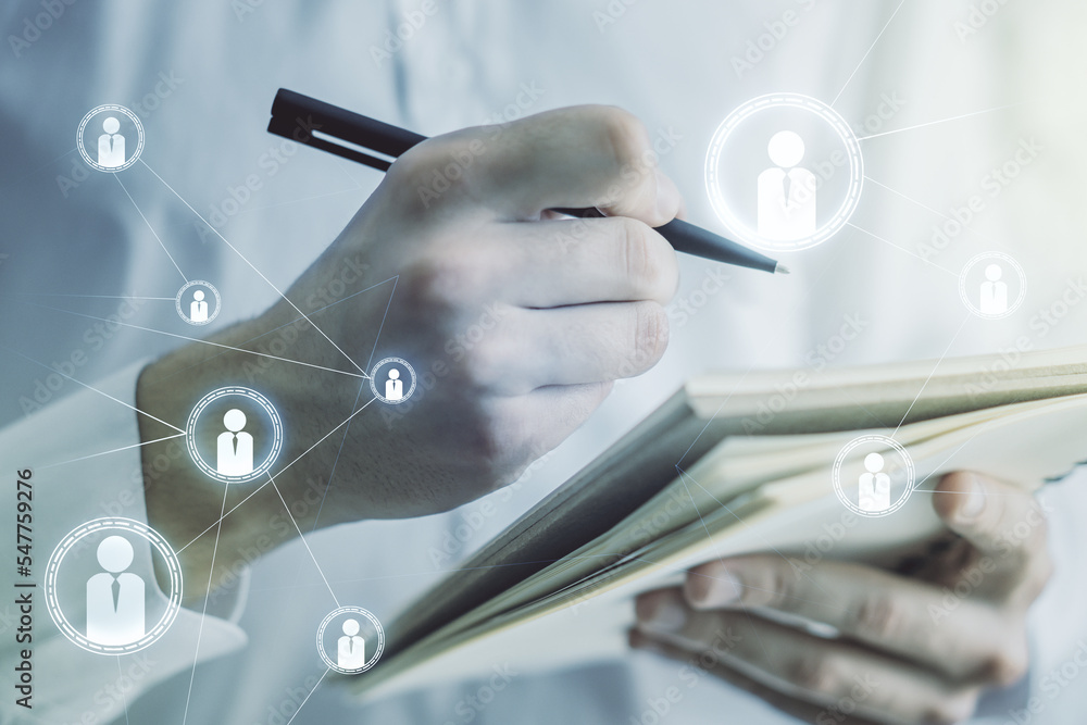 Poster double exposure of social network icons concept with man hand writing in notepad on background. netw