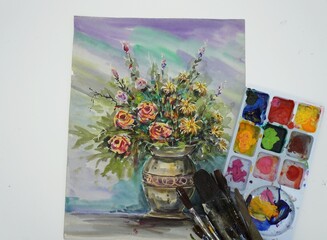 textured colorful abstract  watercolor   painting flower background, , art supply  , Palette , paintbrush