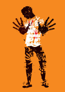 Desperate Black young man, Victim of violence and racism.
Illustration of Stylized male grunge silhouette with  arms in defensive position. Vector available.