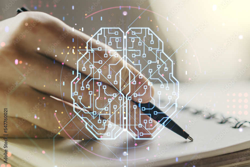 Poster double exposure of creative human brain microcircuit with man hand writing in notepad on background.