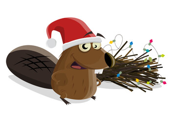 funny cartoon beaver with christmas decoration around his dam
 - obrazy, fototapety, plakaty