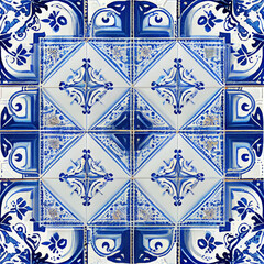 hand painted historic blue and white ceramic tiles - generative AI