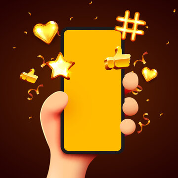 Cute cartoon hand holding mobile smartphone with golden social media icon. Marketing concept.