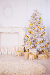 Christmas interior with a fireplace and a Christmas tree