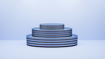 Empty triple oval blue podium with ruby inserts on a white blue background. Get in the background. Blue stand for product or product presentation