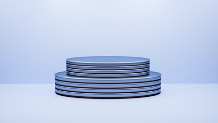 Empty double oval blue podium with ruby inserts on a white blue background. Get in the background. Blue stand for product or product presentation