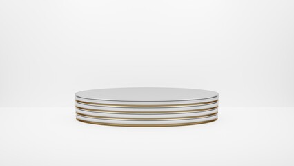 Empty oval silver podium with gold accents on a white background. Stand on a with background. Silver stand for product or product presentation