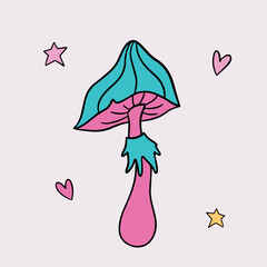 Funny 00s sticker of Mushrooms. Hand drawn cartoon y2k illustration. Nostalgia for the 2000 years concept