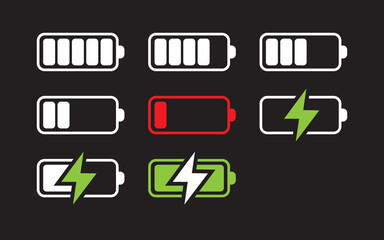 charging Battery icons set. Electricity signs symbols. Charge and phases levels indicators, full,medium, empty. Smartphone battery in different levels of charging. Charge battery power for smartphone