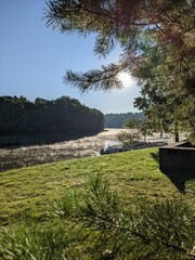 incredibly beautiful view of the river and fog in sunny day