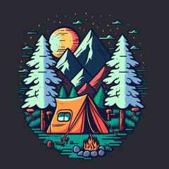 Camping Tent Illustration with Mountains Forest for Logo Badges Poster Emblem