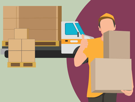 deliveryman carrying boxes and cargo car behind. Illustration vector of courier bring the package with thumb up