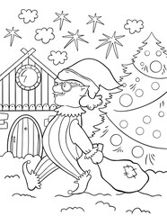 Christmas elf coloring page for kids. New Year celebration concept.