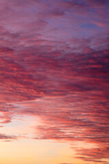 Dramatic purple sky with clouds at sunset. Vertical romantic wallpaper with violet evening sky