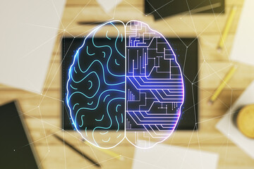 Creative artificial Intelligence concept with human brain sketch and modern digital tablet on desktop on background, top view. Double exposure