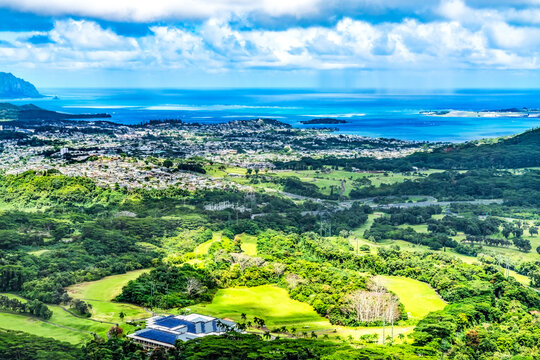 Colorful Kaneohe City Nuuanu Pali Outlook Green Mountains Oahu Hawaii