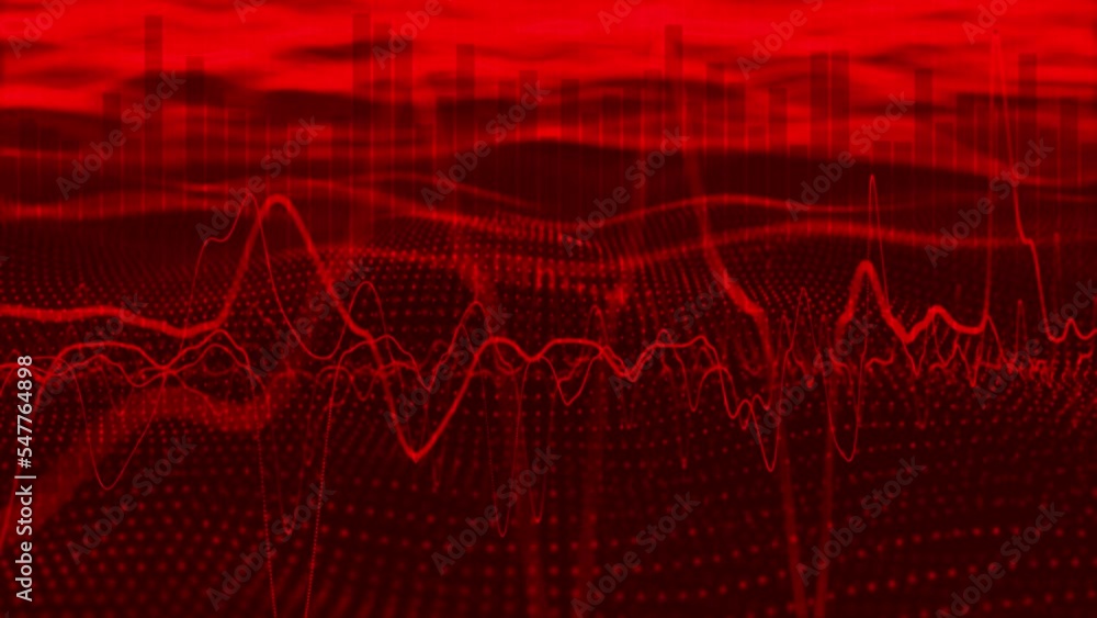 Poster red digital waves lines oscillation pattern on dark background