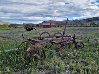 Old metal agricultural equipment in a field with red wooden shack or shed in background and...