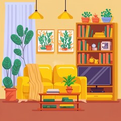 Living room interior. Comfortable yellow sofa, bookcase, TV and house plants. Flat style 2d illustrated illustration.