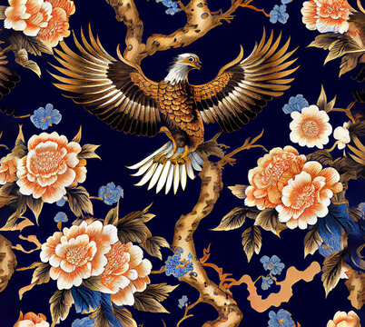 Eagle Chinoiserie Pattern, bright colorful and retro