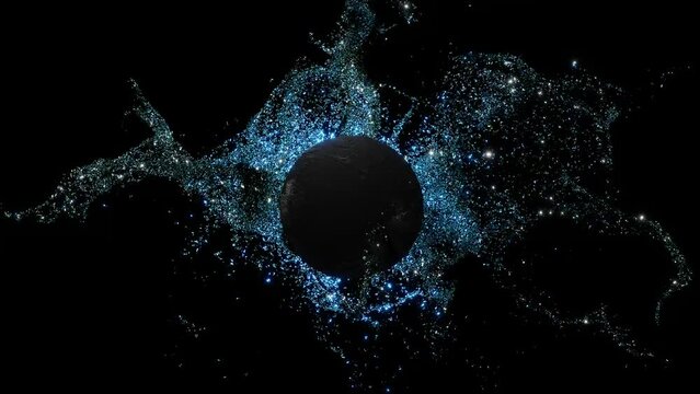 movement of shining blue particles in black space, Copy space circle in the center, for your text or design, technical or scientific concept, 3d simulation