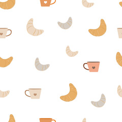 Croissant and coffee seamless fabric design pattern background