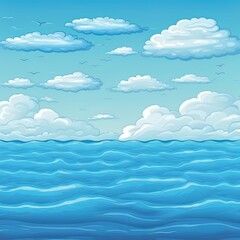 Ocean surface. Sea 2d illustrated illustration with water waves, blue sky and white clouds graphics, cartoon seascape or waterscape
