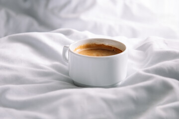 Cup of coffee in bed with white cotton bedclothes. Morning coffee concept. Sunday loneliness relaxing, hygge mood. Minimalism composition. Light and shadow. White mug of americano or expresso
