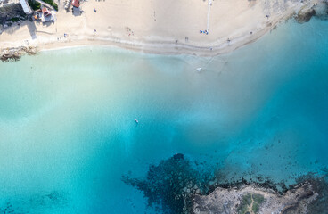 Drone aerial top view of fig tree sandy bay beach in winter. Idyllic resort, summer holiday coast.