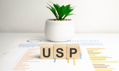 USP text on wooden block on white background