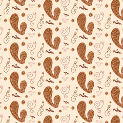 Seamless pattern of abstract shapes and figures in boho style. Beige and brown colors trend. Design for background, wallpaper, postcards, cover, post, banner, fabric.