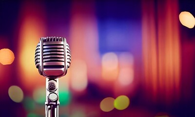 Retro microphone on stage with lights defocused background 