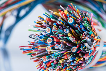 Colorful copper electrical cable wire close-up