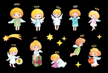 Little cute angels character set, handdrawn illustration collection, angle with star, halo and wings, holding ball, present, lantern, candle. Isolated.