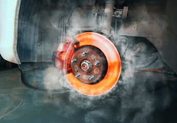 Car brake discs rub against the brake pads until high heat and smoke, automotive maintenance...