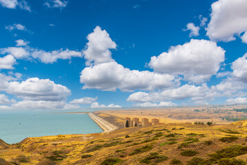 Landscape of Fort Peck Dam, a Hydraulically Filled Earth-Dam, on the Missouri River with Fort Peck Lake near Glasgow, Montana, USA