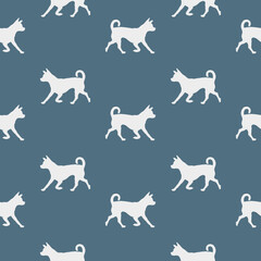 Running chihuahua puppy isolated on blue background. Seamless pattern. Dog silhouette. Endless texture. Design for wallpaper, wrapping paper, fabric.