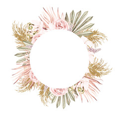 Watercolor  wedding  wreath with boho flowers and dried leaves. Illustration.