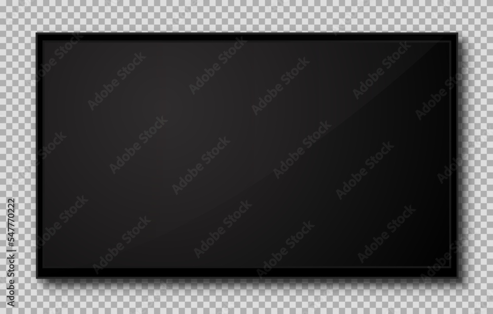 Poster TV with empty black screen. Empty TV frame with shadow isolated on transparent background. Modern stylish lcd monitor, led type. Blank television template – stock vector
