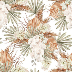 Watercolor seamless pattern with boho flowers and leaves, © knopazyzy