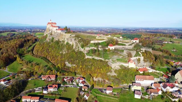 Aerial flight around the famous Riegersburg castle in Austria on a beautiful autumn day