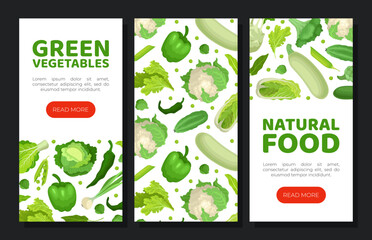Green vegetables mobile app templates set. Natural organic farm products landing page cartoon vector