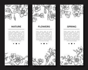 Fototapeta na wymiar Nature, flower and spring onboard screen templates set. Mobile app, landing page black silhouettes of blooming flowers hand drawn vector