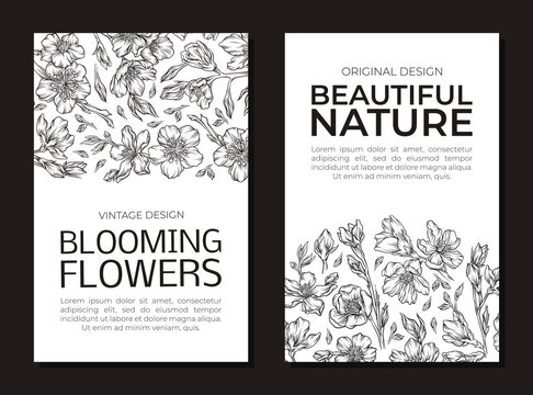 Beautiful nature card templates set. Blooming flowers poster, card, wedding invitation with black silhouettes of blooming flowers hand drawn