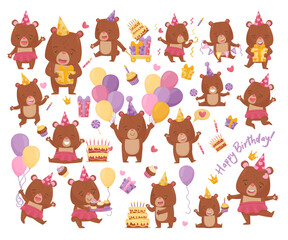 Cute baby bears celebrating birthday set. Funny little animal with inflatable balloons, festive cake and sweets cartoon vector