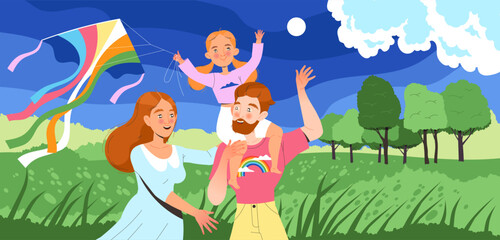 Happy Family Flying Kite with Daughter Having Fun and Playing Outdoor Vector Illustration